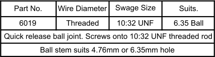 6019 Ball stem suits 4.76mm or 6.35mm hole Part No. 10:32 UNF Quick release ball joint. Screws onto 10:32 UNF threaded rod Threaded Suits. Swage Size Wire Diameter 6.35 Ball